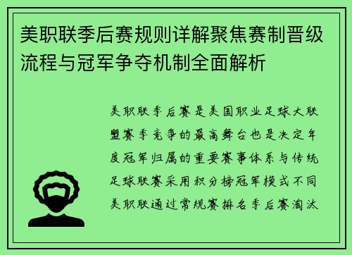 美职联季后赛规则详解聚焦赛制晋级流程与冠军争夺机制全面解析